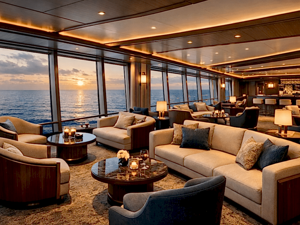 Spacious luxury cruise lounge featuring custom marine furniture designs by CITA Marine.